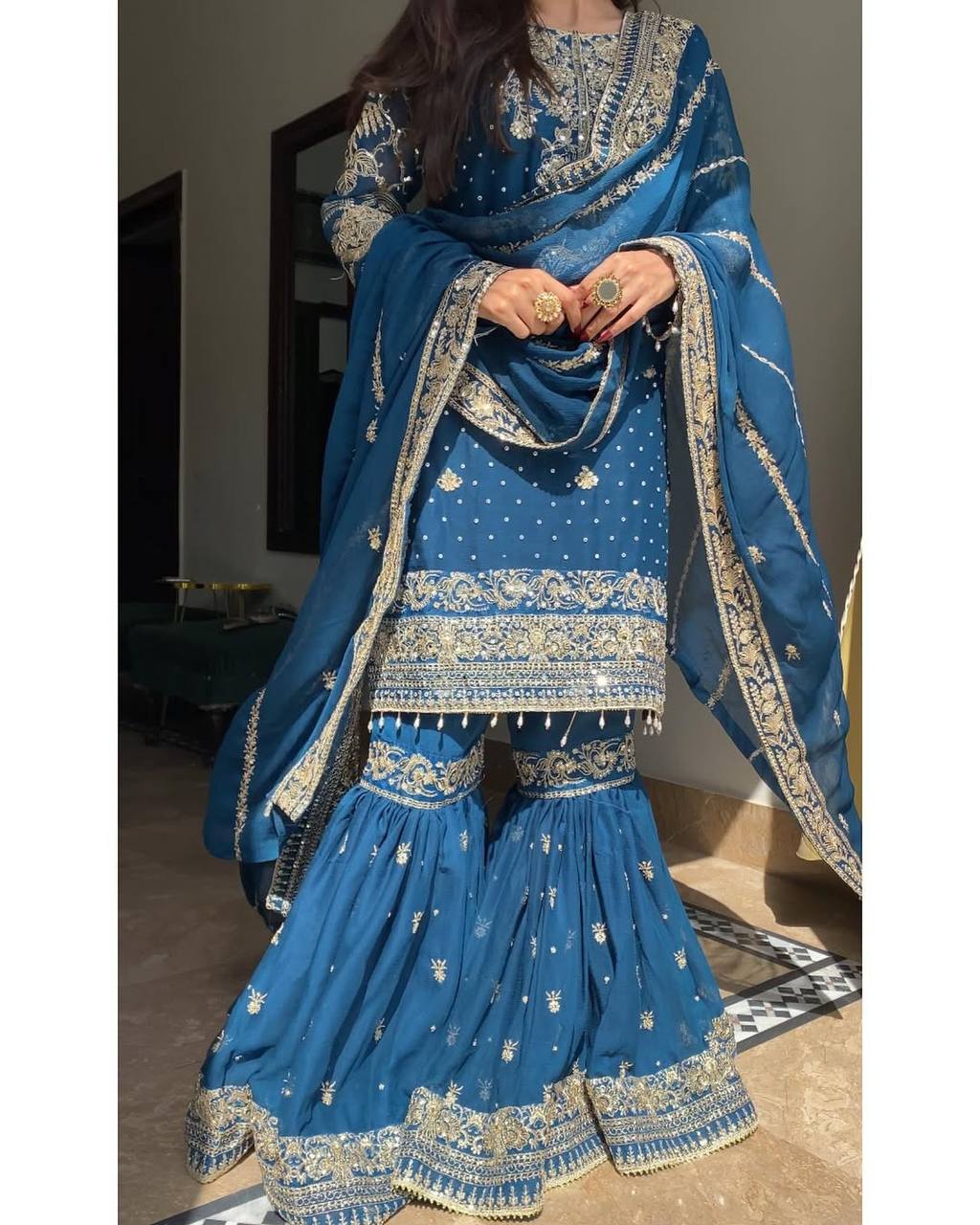 Teal Blue Heavy Embroidered Sharara Suit with Dupatta – Wedding & Festive Designer Set