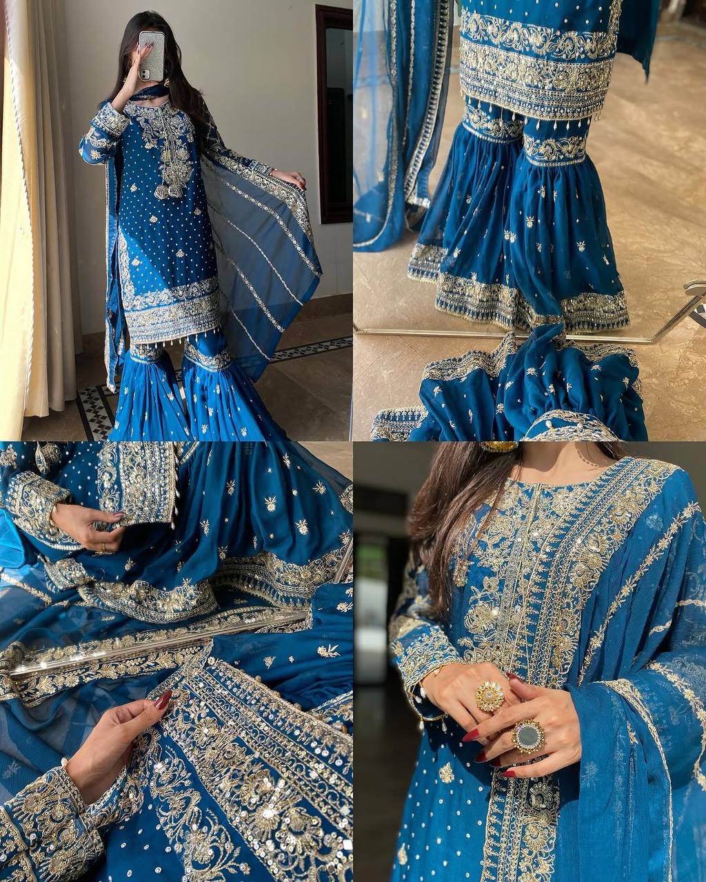 Teal Blue Heavy Embroidered Sharara Suit with Dupatta – Wedding & Festive Designer Set