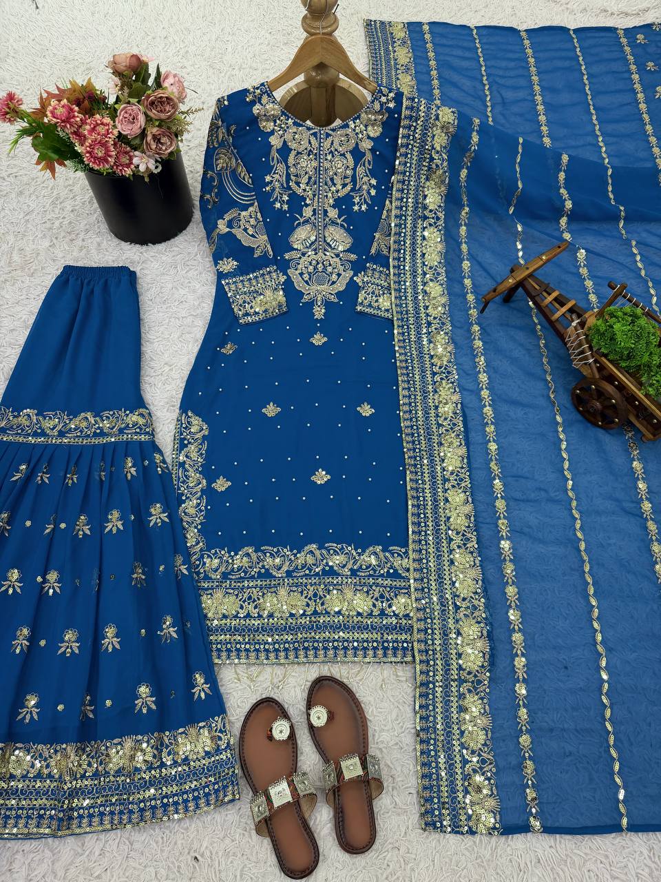 Teal Blue Heavy Embroidered Sharara Suit with Dupatta – Wedding & Festive Designer Set