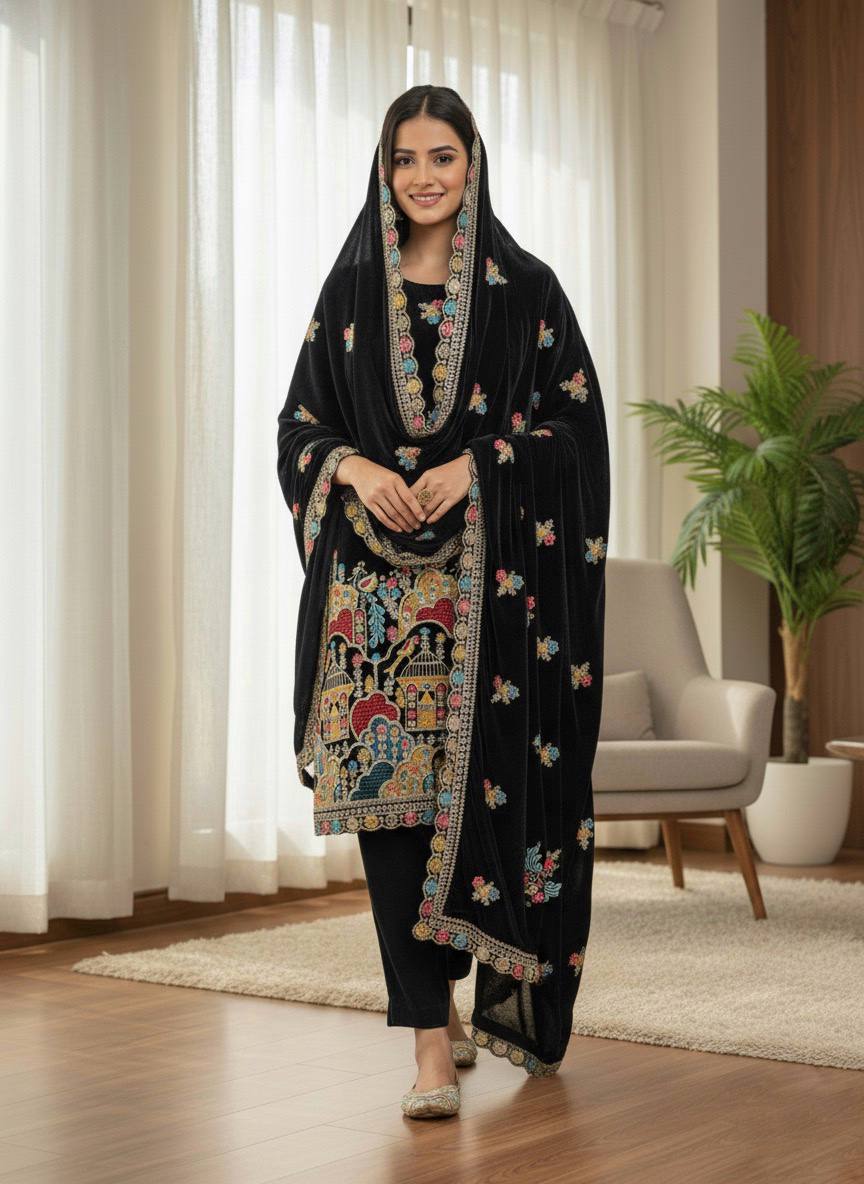 Black Velvet Embroidered Suit Set with Dupatta – Premium Festive Wear