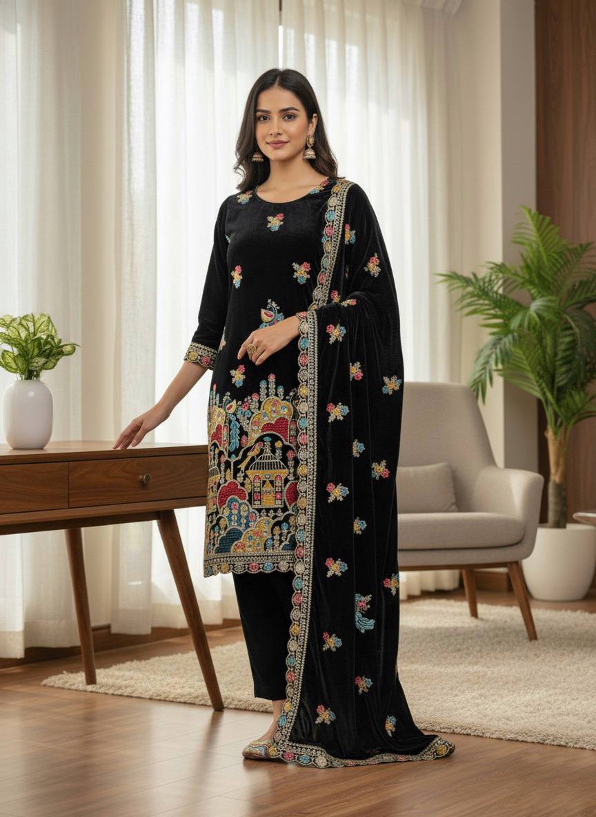 Black Velvet Embroidered Suit Set with Dupatta – Premium Festive Wear