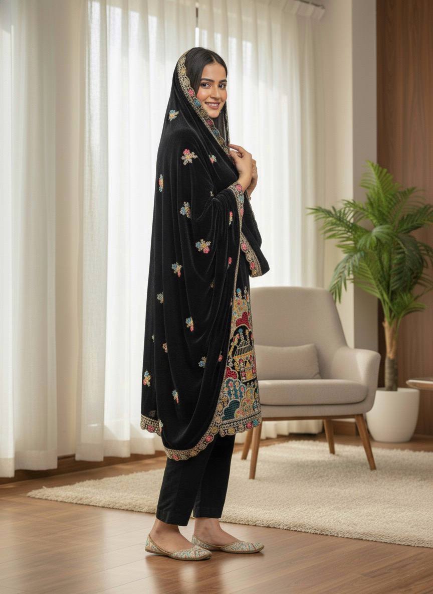 Black Velvet Embroidered Suit Set with Dupatta – Premium Festive Wear
