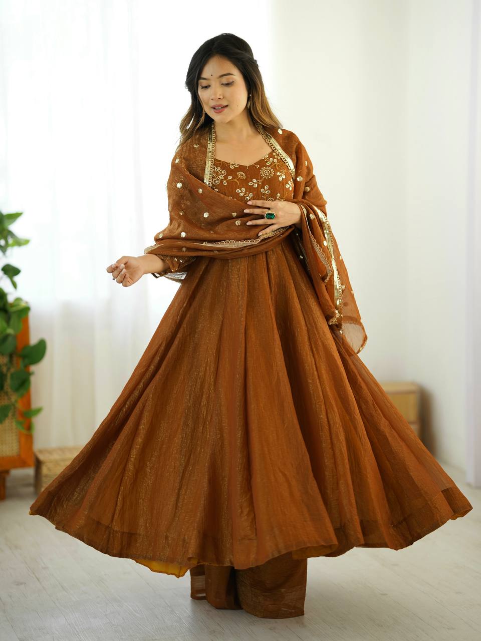Premium Copper Brown Embroidered Anarkali Suit with Dupatta
