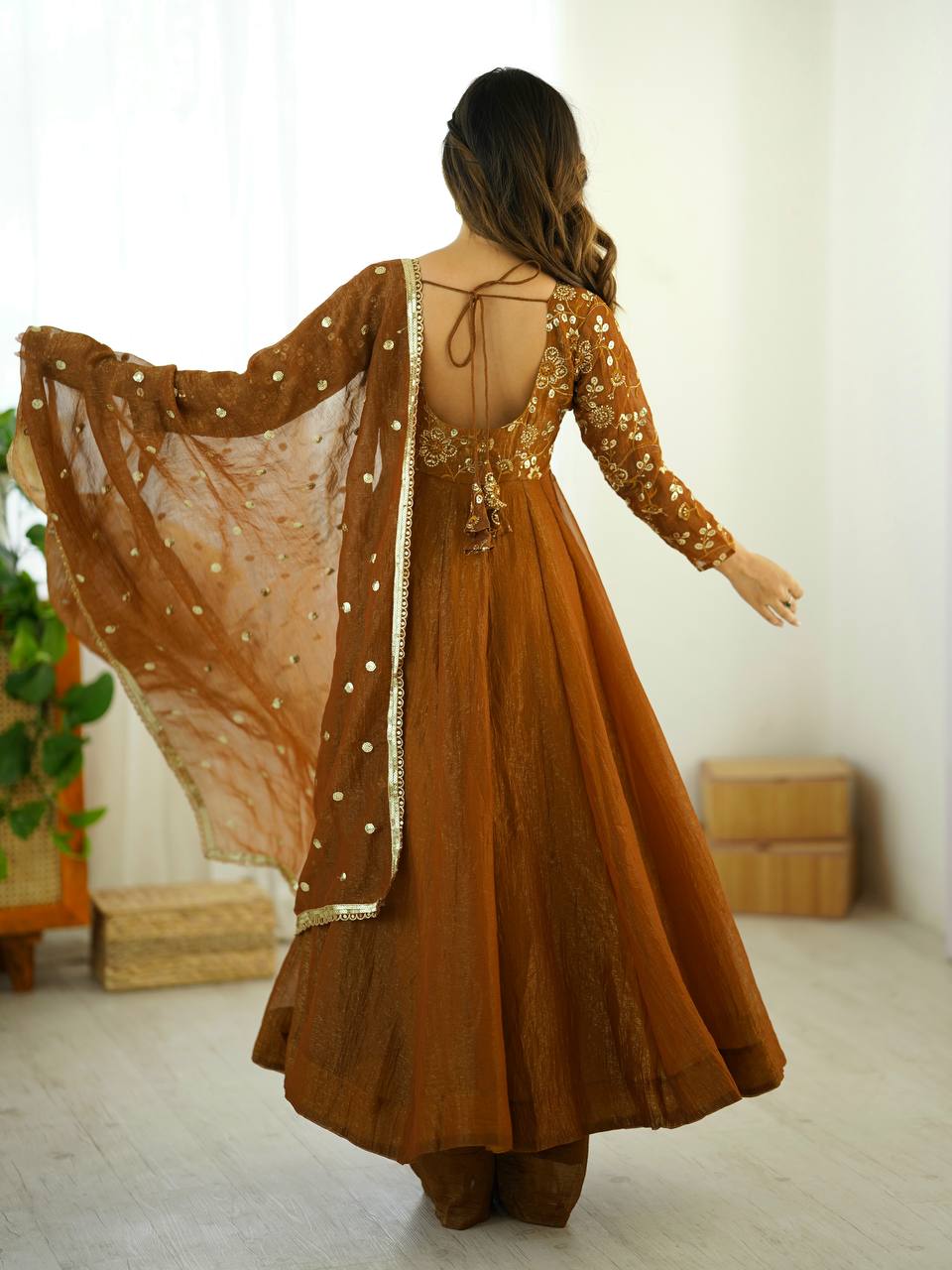 Premium Copper Brown Embroidered Anarkali Suit with Dupatta
