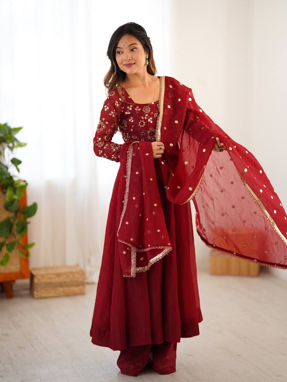 Premium Copper Brown Embroidered Anarkali Suit with Dupatta