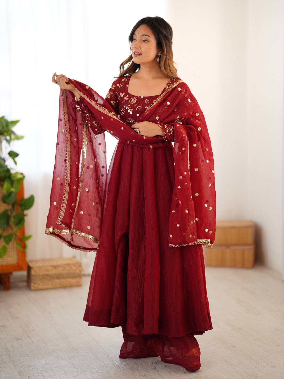 Premium Copper Brown Embroidered Anarkali Suit with Dupatta