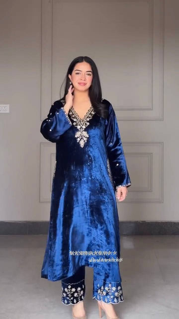 Midnight Majesty Velvet Suit Set with Golden Heritage Embroidery Festive Wear