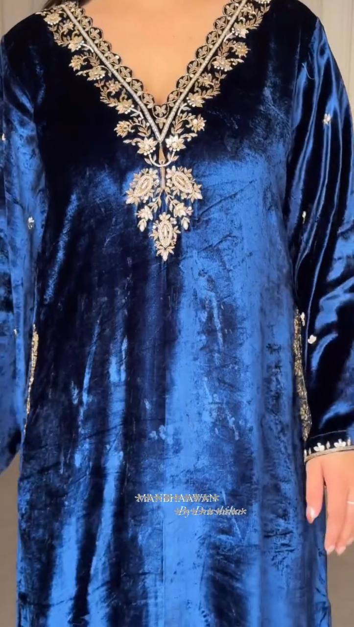 Midnight Majesty Velvet Suit Set with Golden Heritage Embroidery Festive Wear
