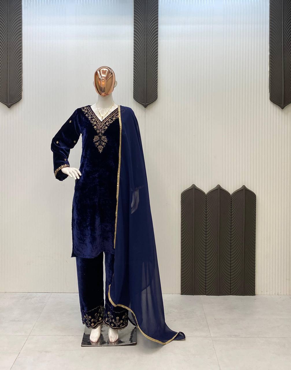 Midnight Majesty Velvet Suit Set with Golden Heritage Embroidery Festive Wear