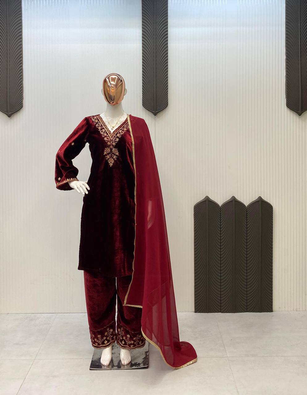 Midnight Majesty Velvet Suit Set with Golden Heritage Embroidery Festive Wear