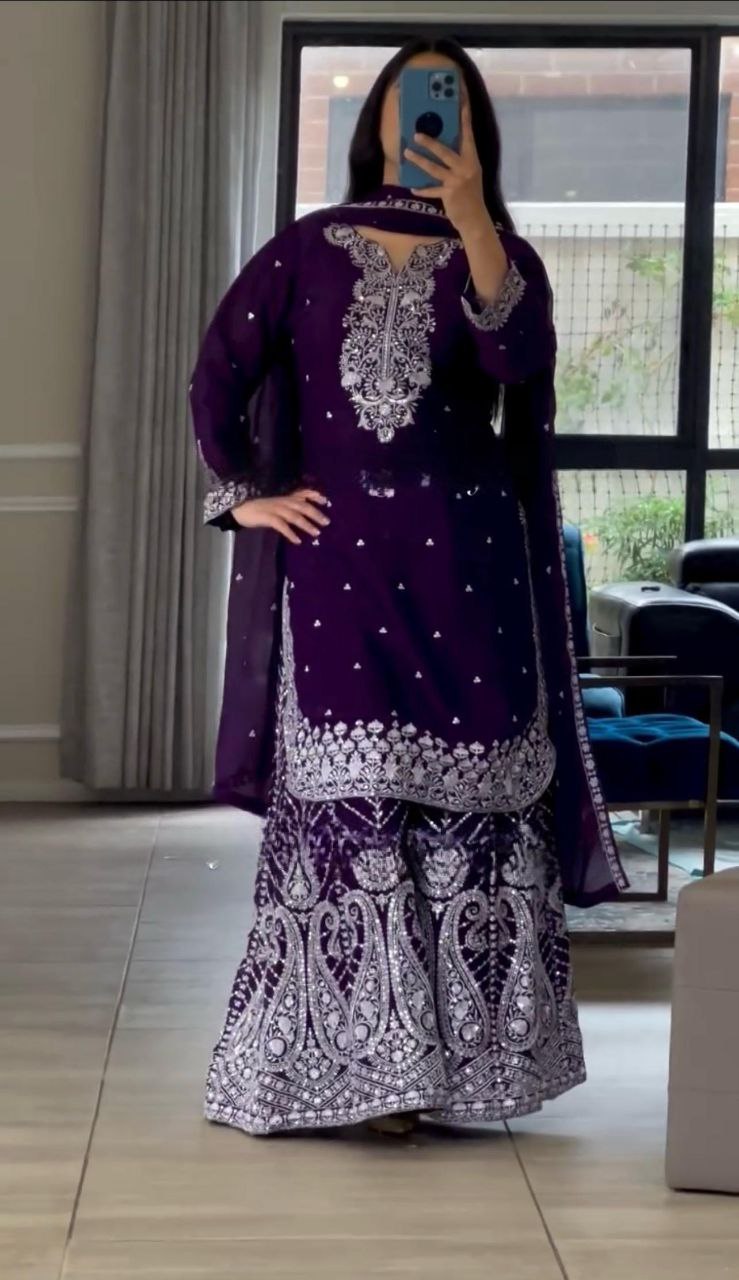Plum Purple Embroidered Sharara Suit with Dupatta For Festive & Wedding Wear
