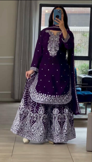 Plum Purple Embroidered Sharara Suit with Dupatta For Festive & Wedding Wear