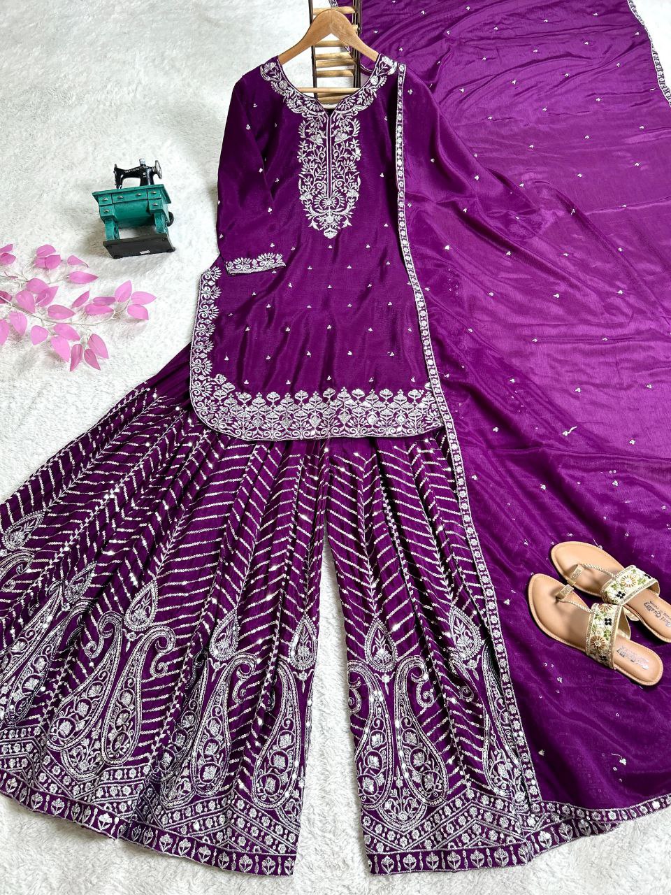 Plum Purple Embroidered Sharara Suit with Dupatta For Festive & Wedding Wear