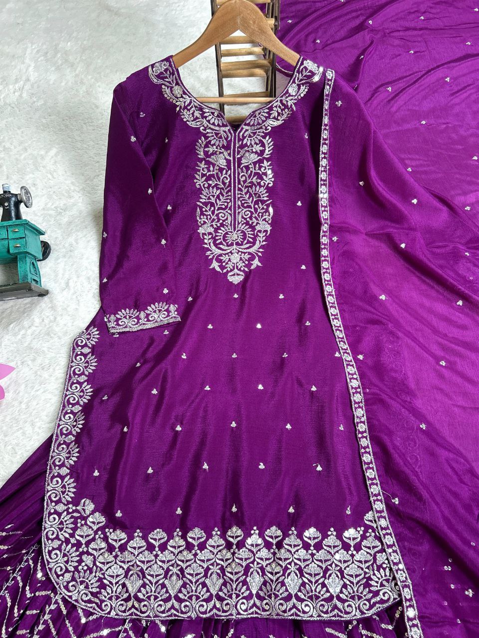 Plum Purple Embroidered Sharara Suit with Dupatta For Festive & Wedding Wear