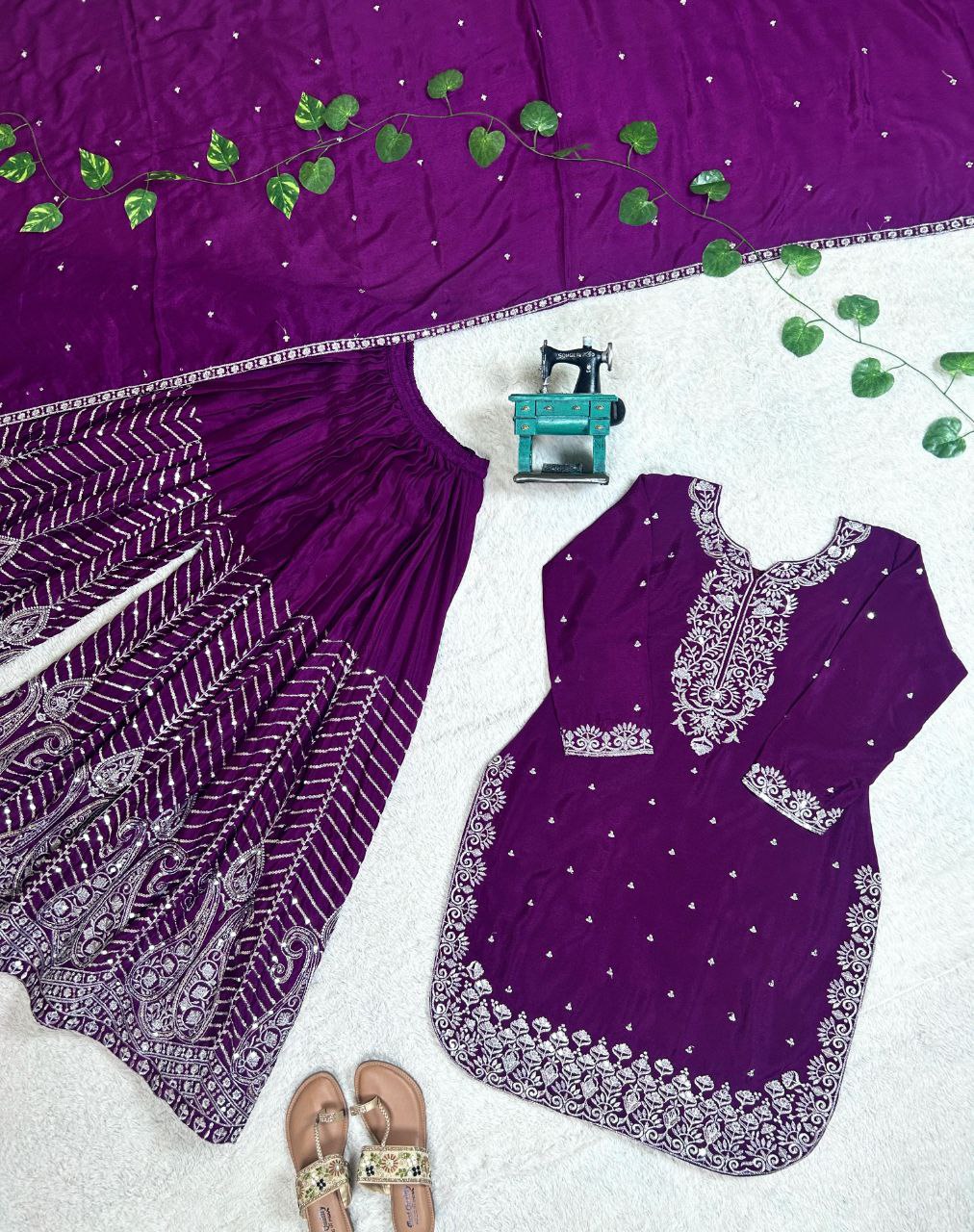 Plum Purple Embroidered Sharara Suit with Dupatta For Festive & Wedding Wear