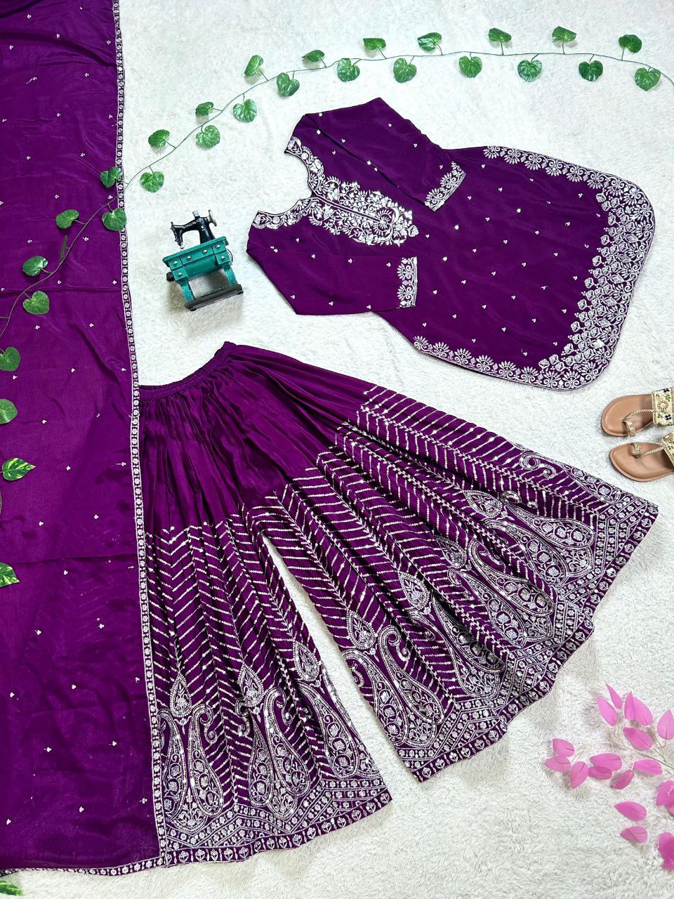 Plum Purple Embroidered Sharara Suit with Dupatta For Festive & Wedding Wear