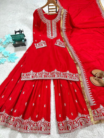 Royal Red Embroidered Kurta Sharara Set with Dupatta