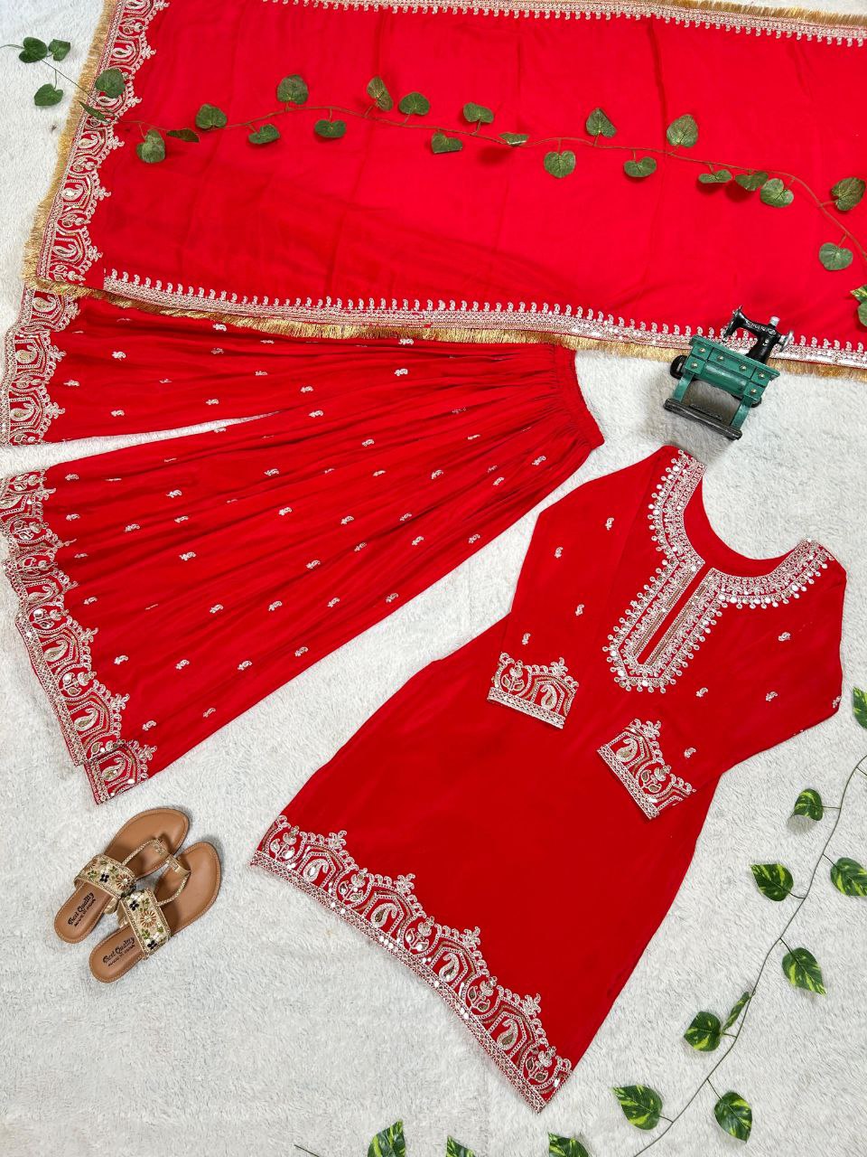 Royal Red Embroidered Kurta Sharara Set with Dupatta