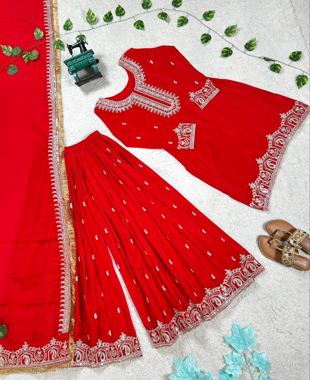 Royal Red Embroidered Kurta Sharara Set with Dupatta