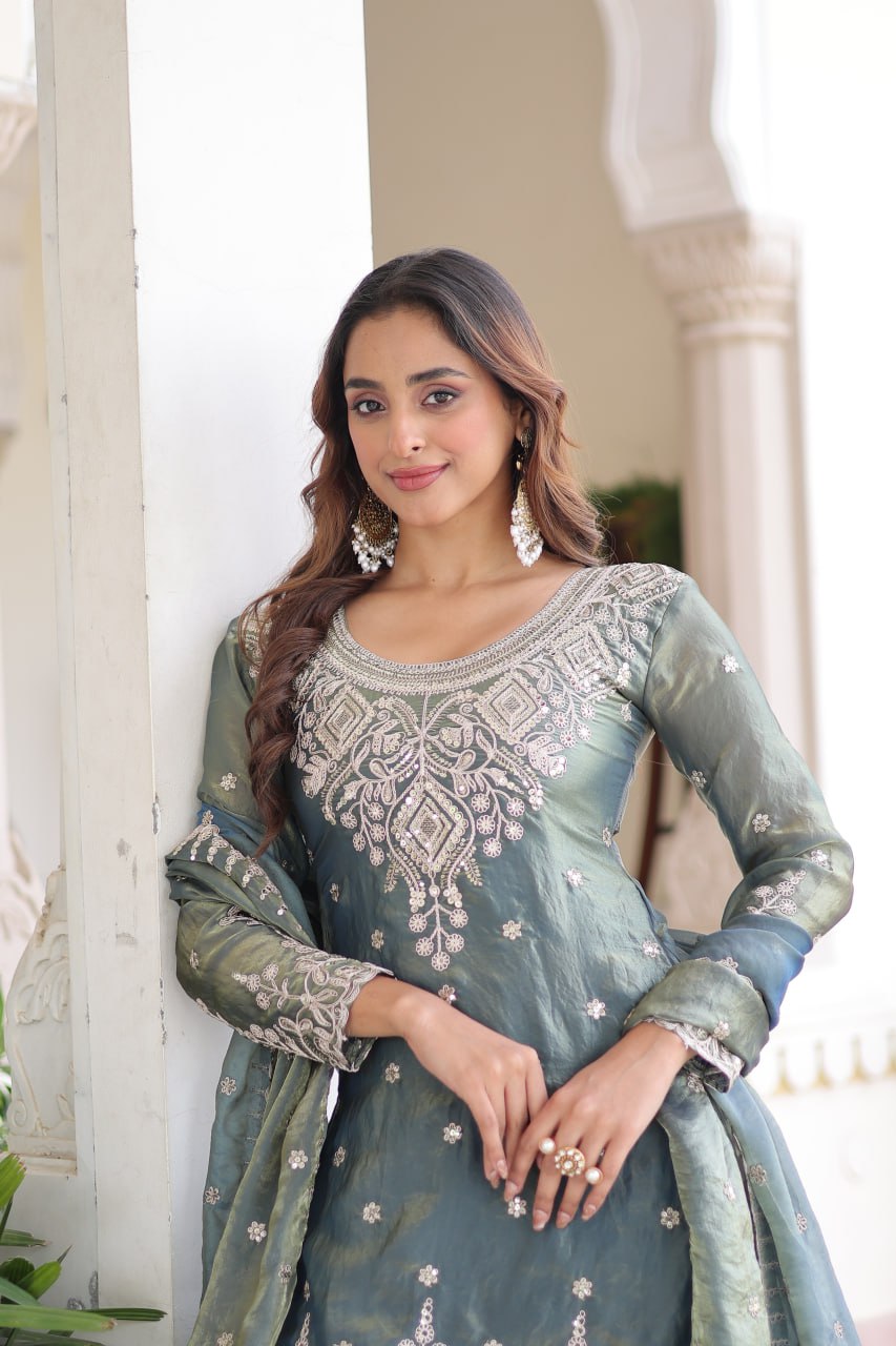 Festive Green Sharara Set with Coding Sequins Embroidered work