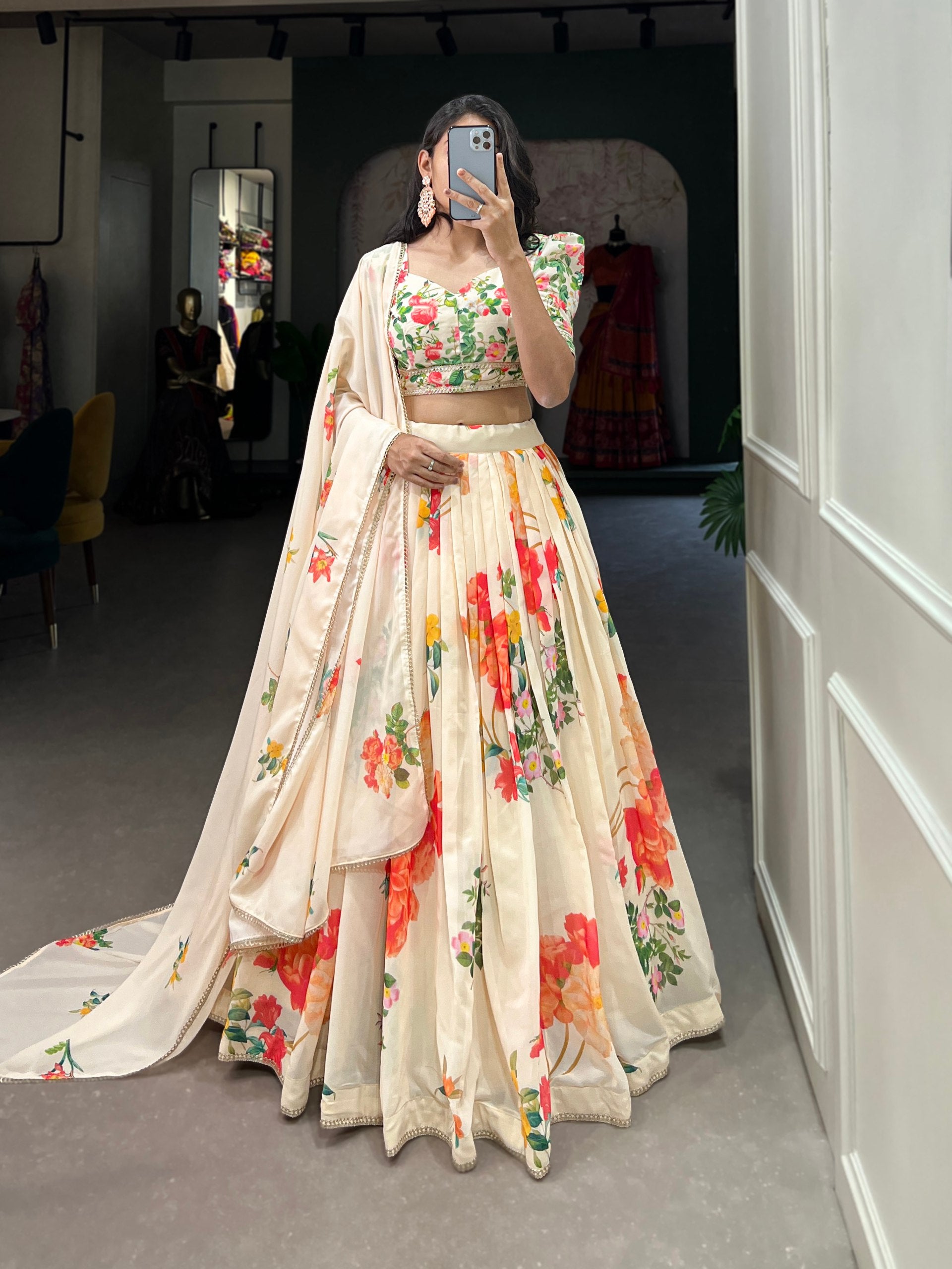 Elegant Floral Print Cream Lehenga Set with Dupatta Summer Festive Wear