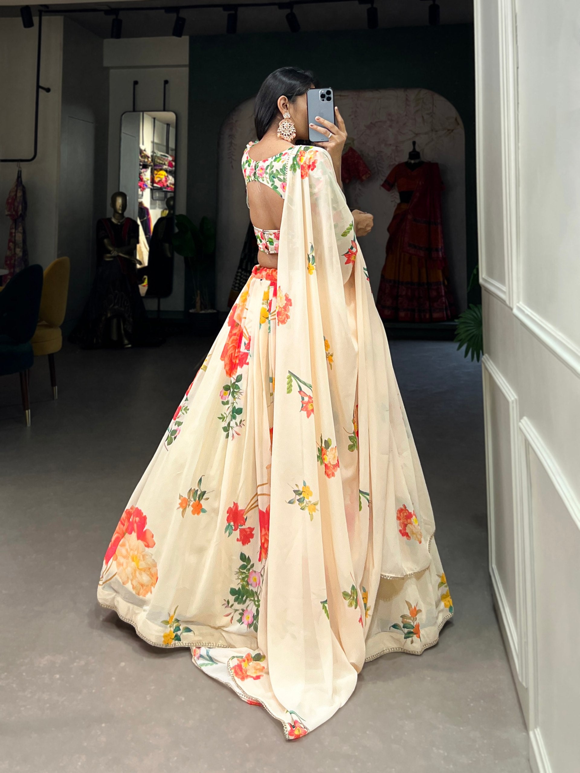 Elegant Floral Print Cream Lehenga Set with Dupatta Summer Festive Wear