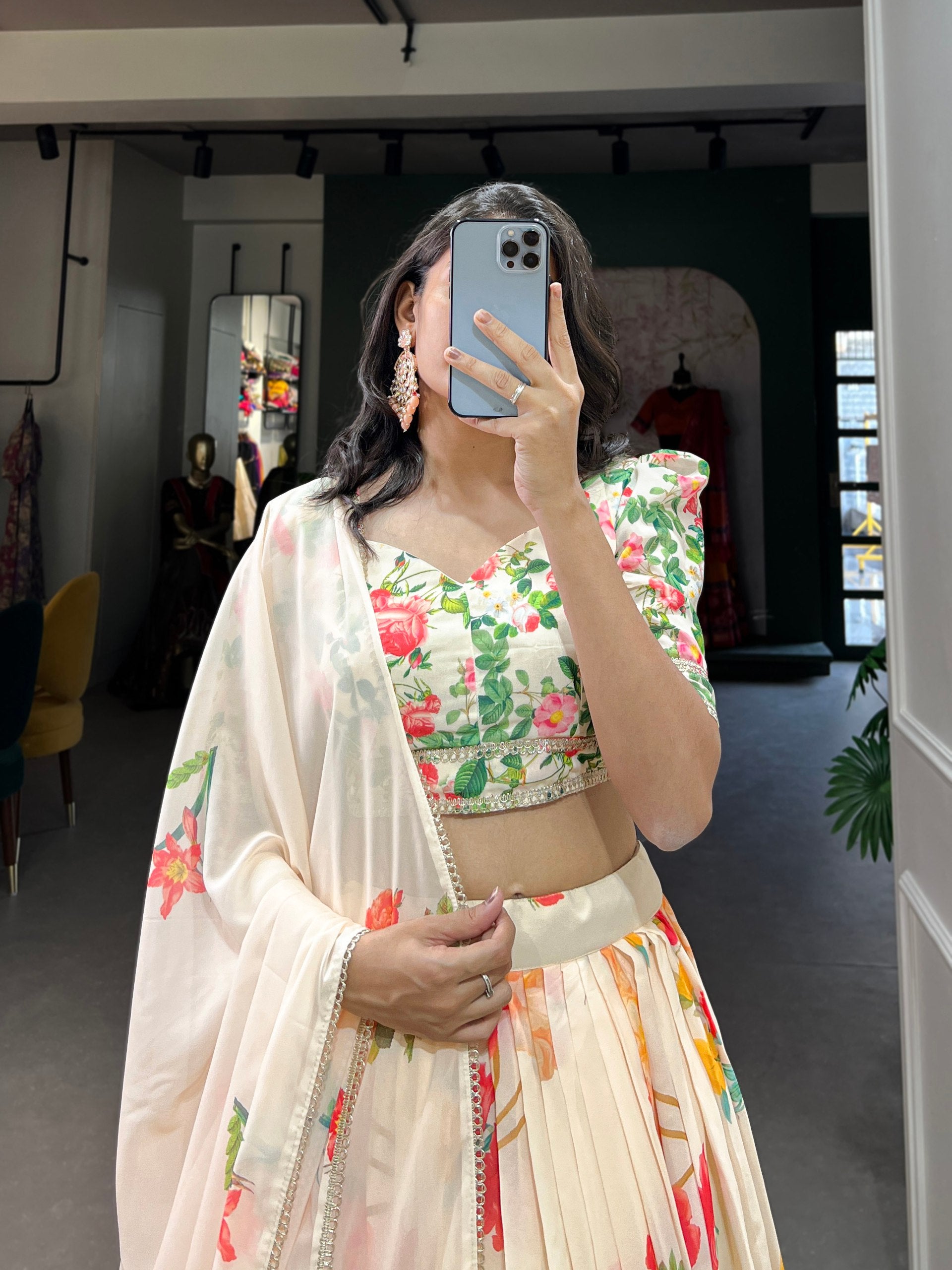 Elegant Floral Print Cream Lehenga Set with Dupatta Summer Festive Wear