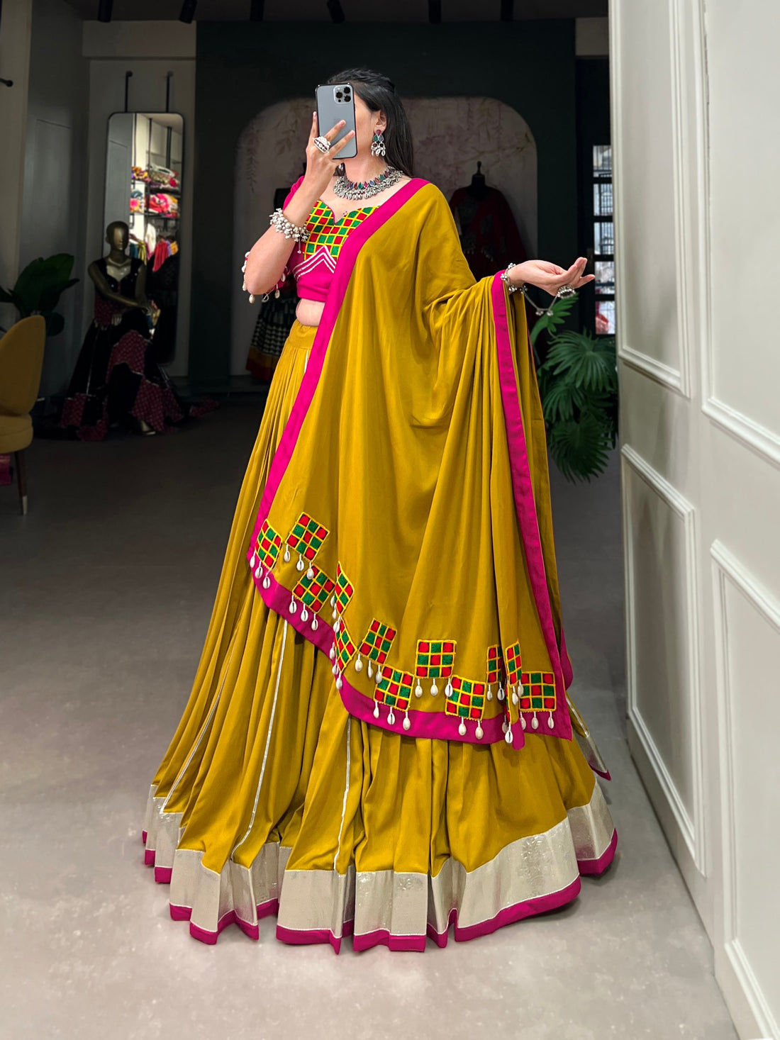 Mustard Yellow Flared Lehenga with Magenta Mirror Work Blouse & Dupatta
