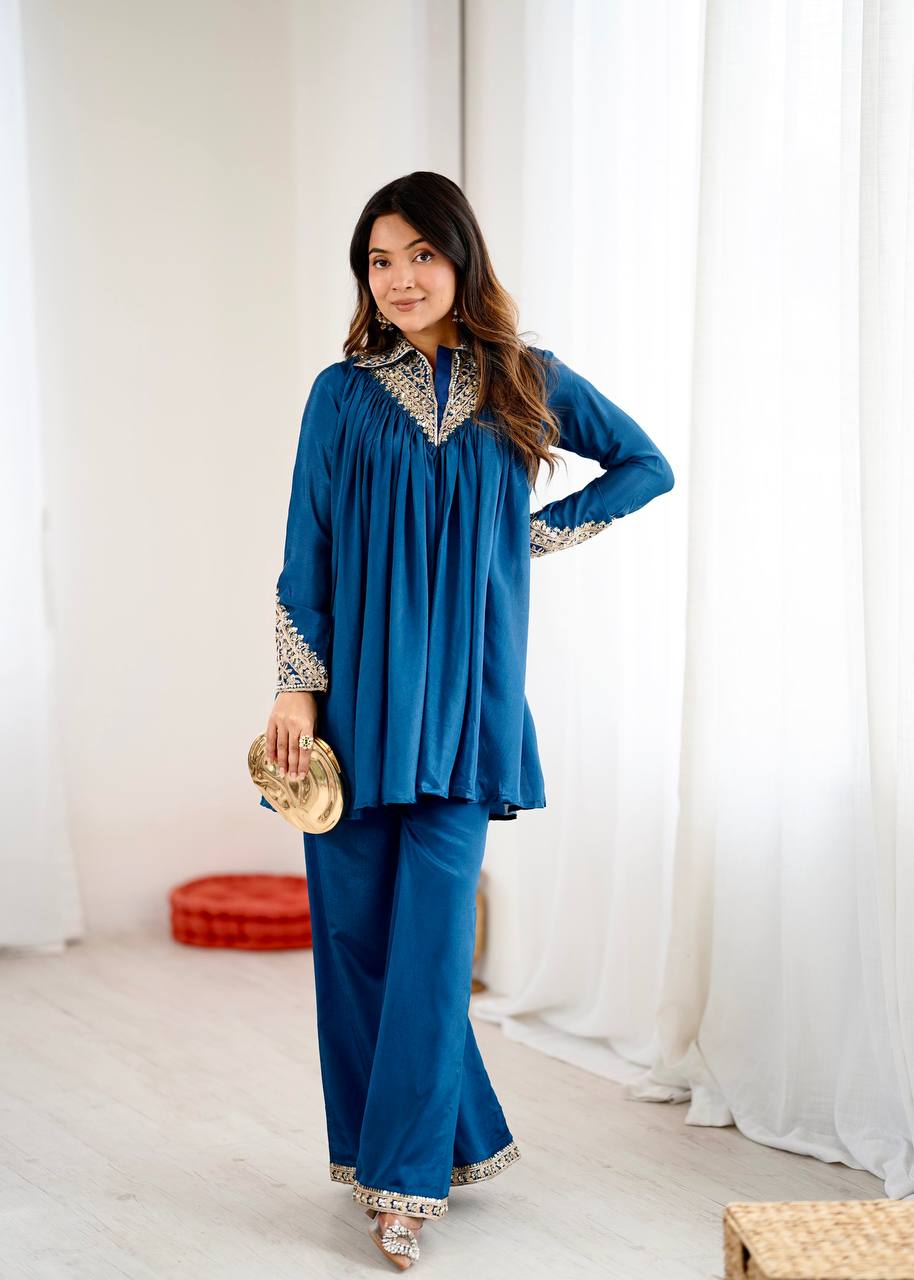 Elegant Coral Embroidered Kurta Set with Palazzo Pants