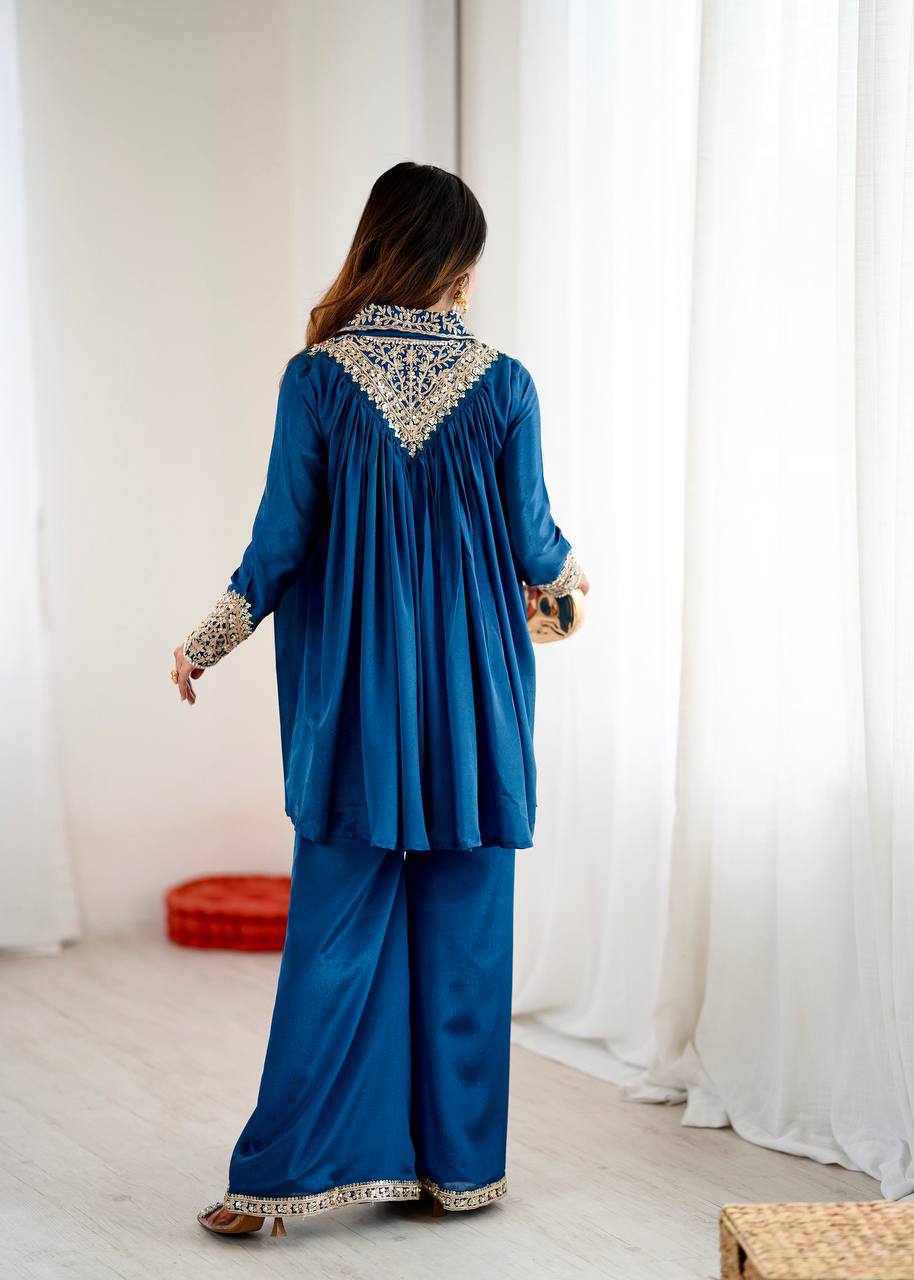 Elegant Coral Embroidered Kurta Set with Palazzo Pants