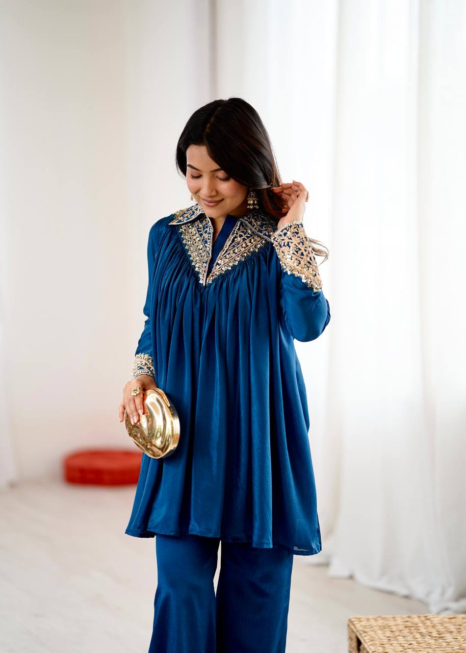 Elegant Coral Embroidered Kurta Set with Palazzo Pants