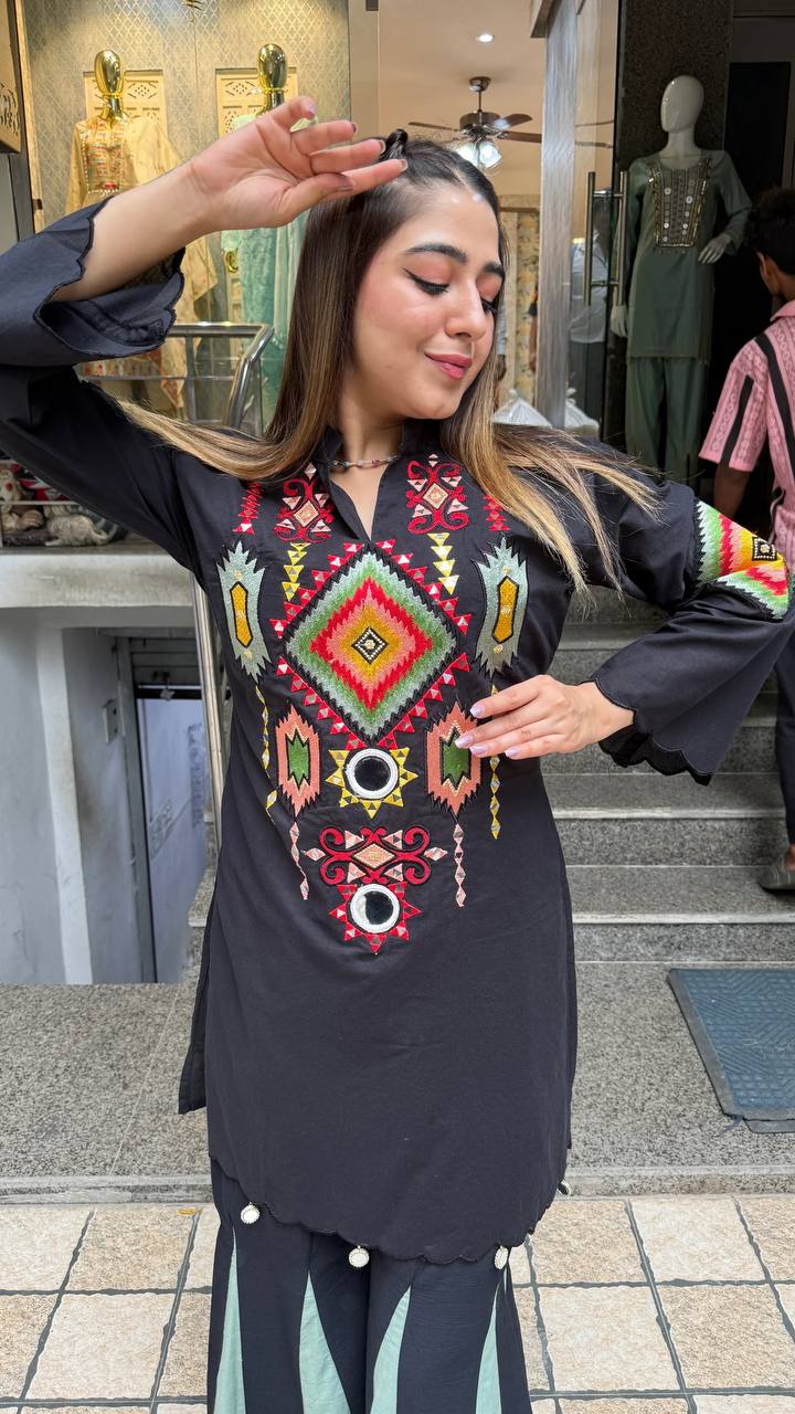 Fancy Design Black Embroidered Navratri Co-ord Set with Mirror Work For Festive Wear