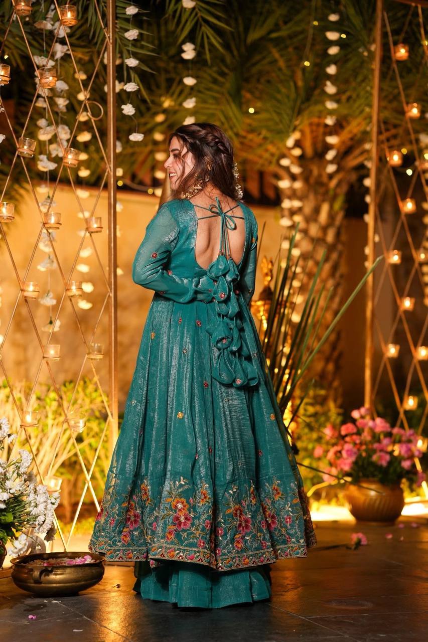 Teal Green Embroidered Anarkali Suit Set with Dupatta For Festive Wear