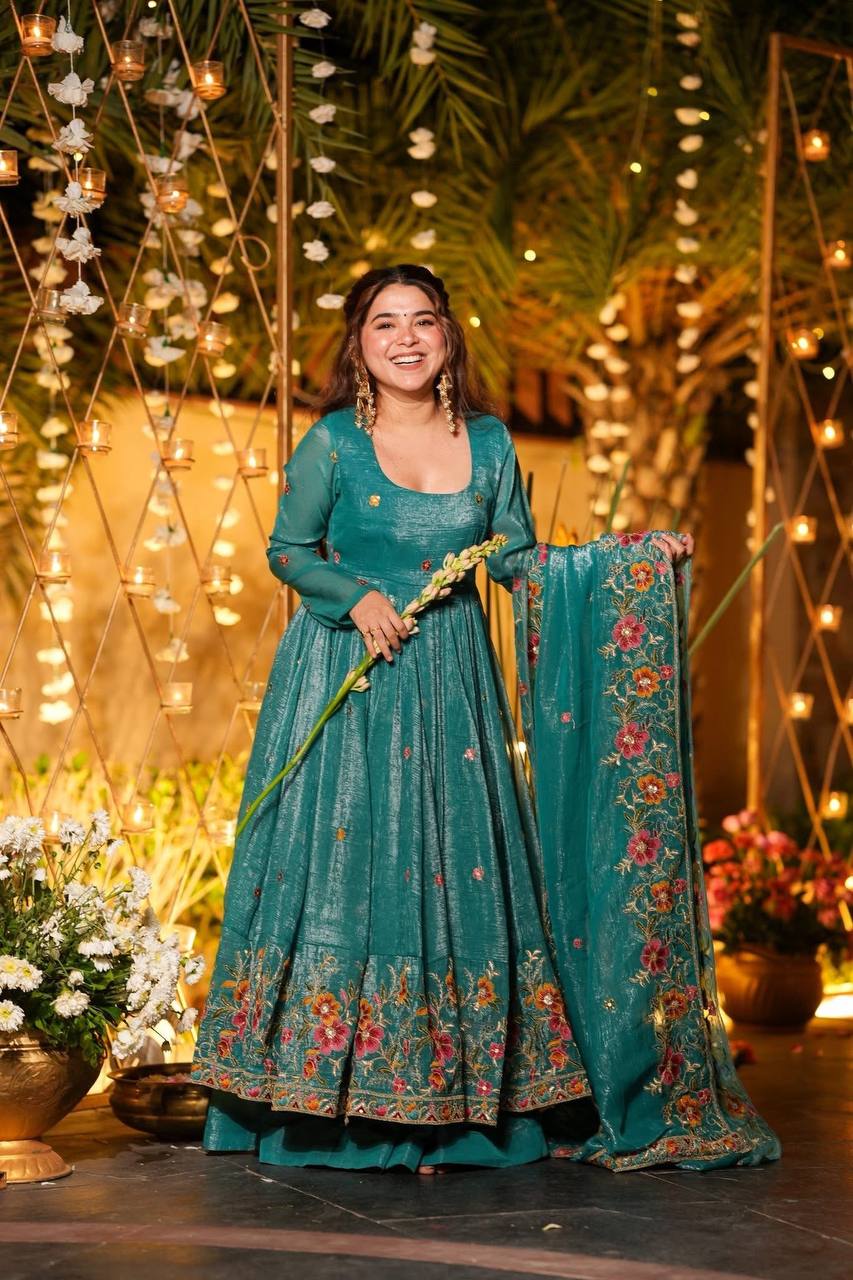 Teal Green Embroidered Anarkali Suit Set with Dupatta For Festive Wear