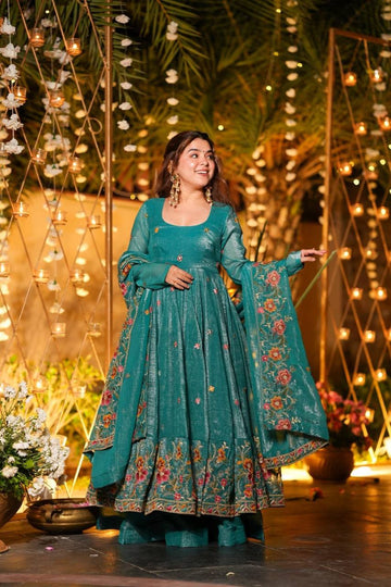 Teal Green Embroidered Anarkali Suit Set with Dupatta For Festive Wear