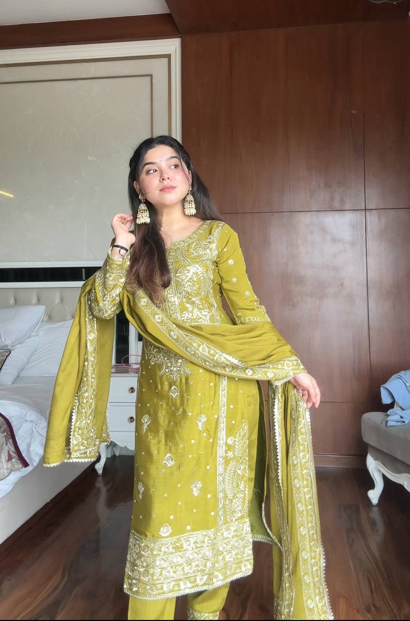 Designer Mehendi Green Traditional Suit with Dupatta