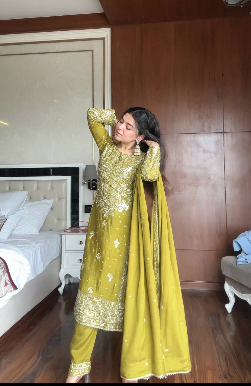 Designer Mehendi Green Traditional Suit with Dupatta