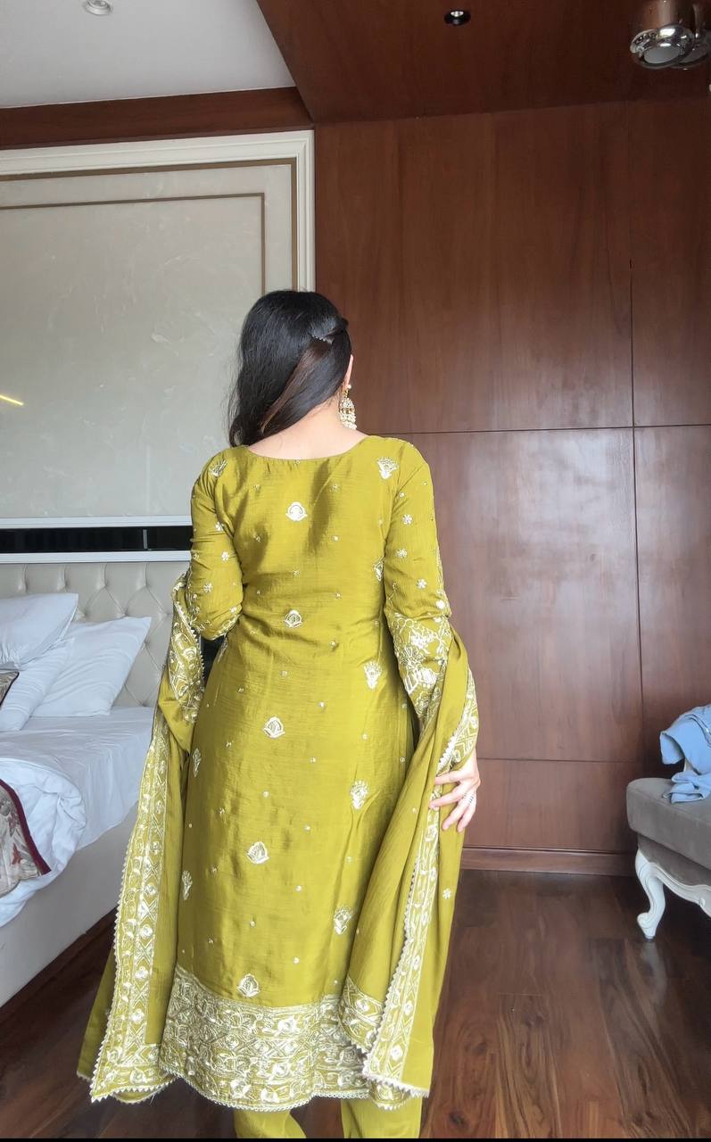 Designer Mehendi Green Traditional Suit with Dupatta