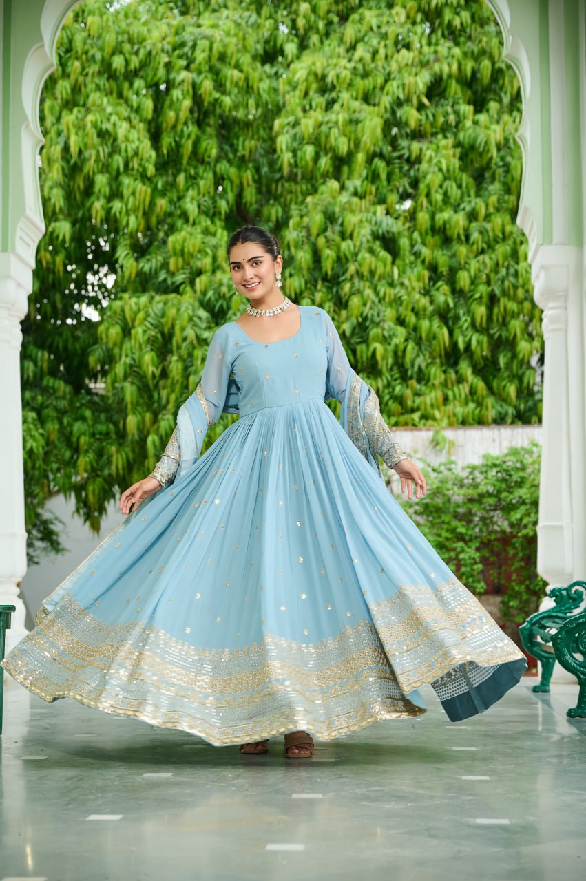 Sky Blue Georgette Anarkali Suit with Golden Embroidery & Dupatta