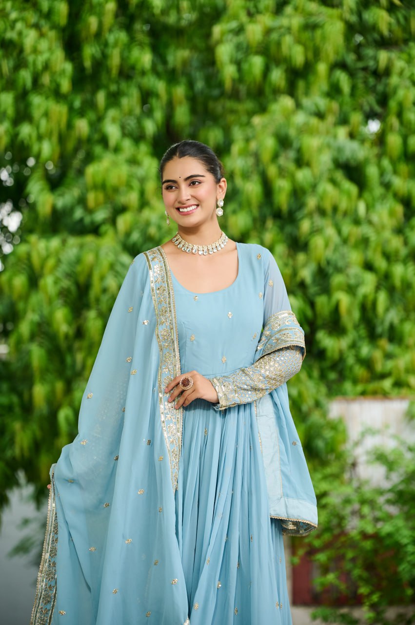Sky Blue Georgette Anarkali Suit with Golden Embroidery & Dupatta