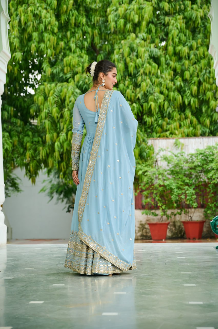Sky Blue Georgette Anarkali Suit with Golden Embroidery & Dupatta