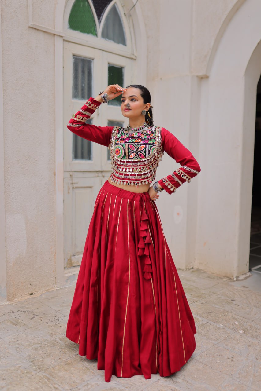 Elegant Red Navratri Chaniya Choli with Embroidered Mirror Work