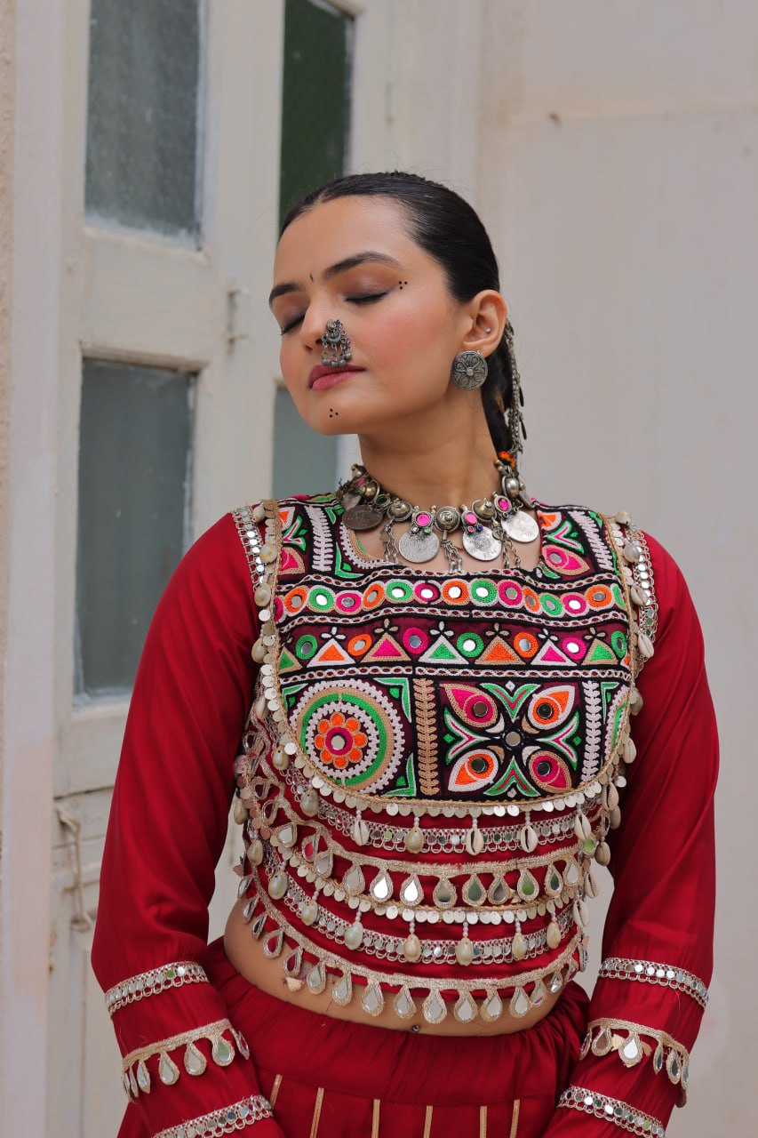 Elegant Red Navratri Chaniya Choli with Embroidered Mirror Work