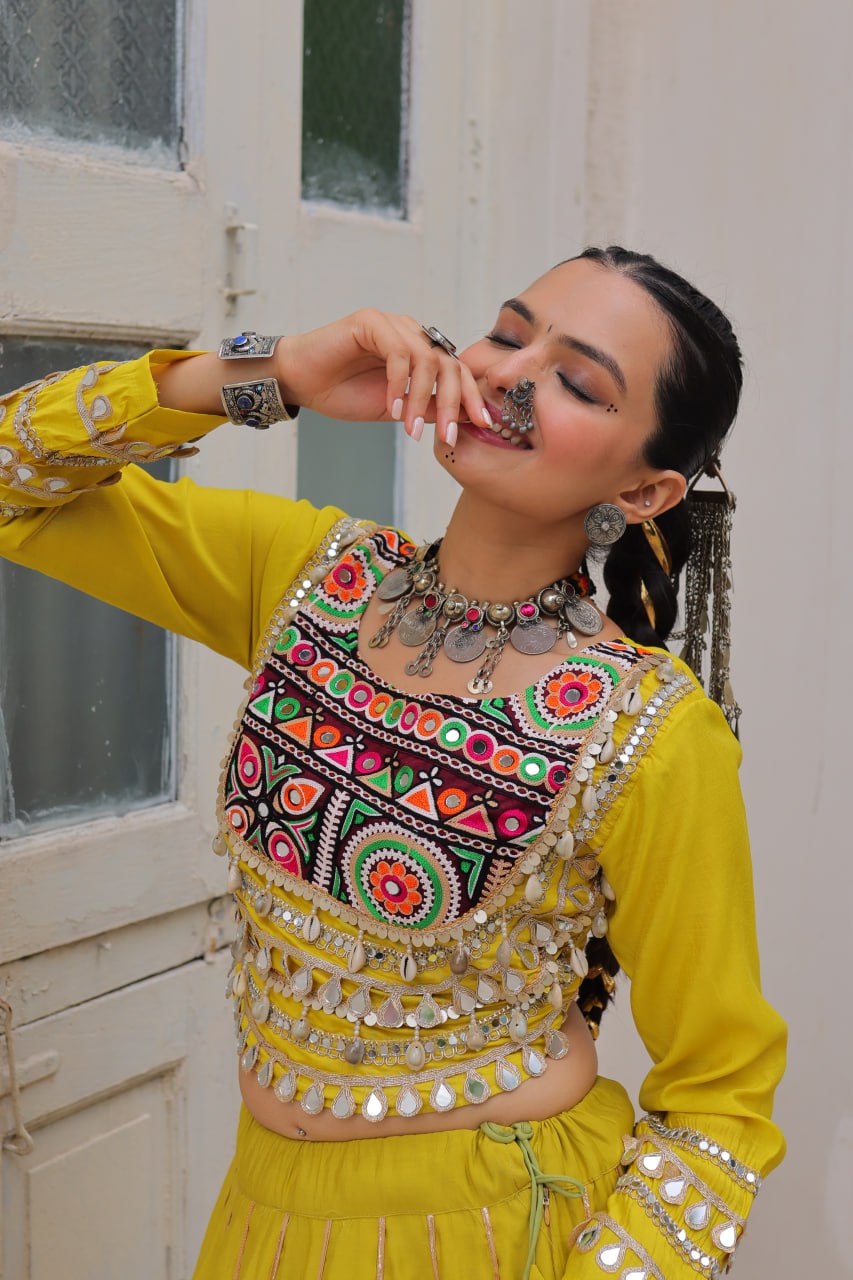 Elegant Red Navratri Chaniya Choli with Embroidered Mirror Work