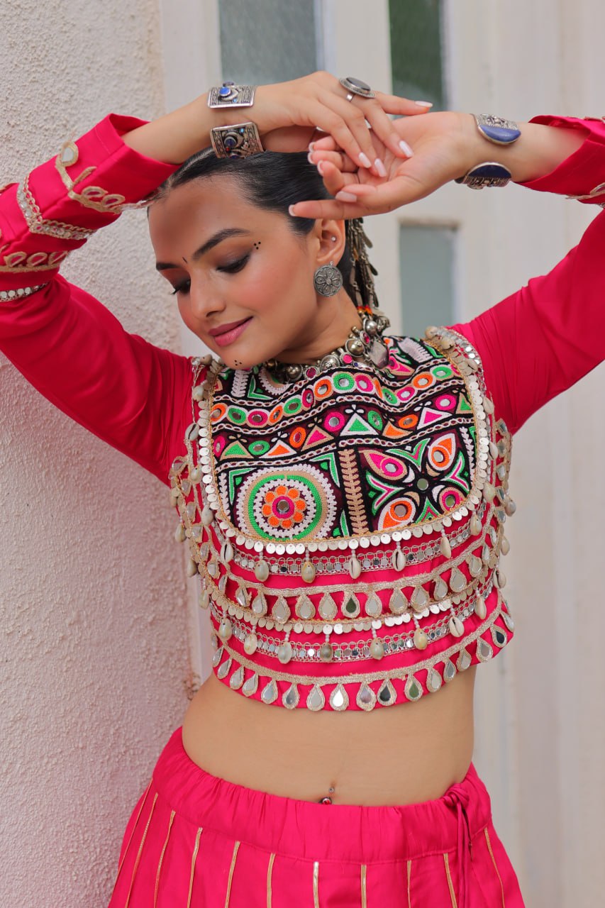 Elegant Red Navratri Chaniya Choli with Embroidered Mirror Work