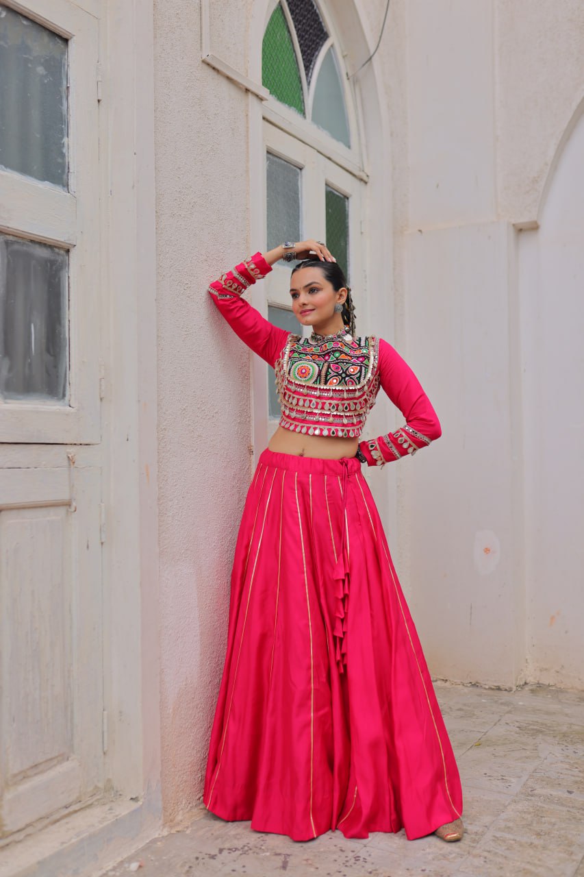 Elegant Red Navratri Chaniya Choli with Embroidered Mirror Work
