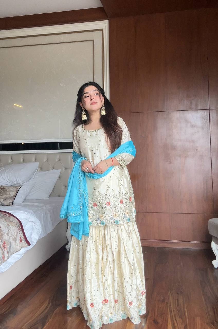 Elegant Cream Embroidered Sharara Set with Sky Blue Dupatta