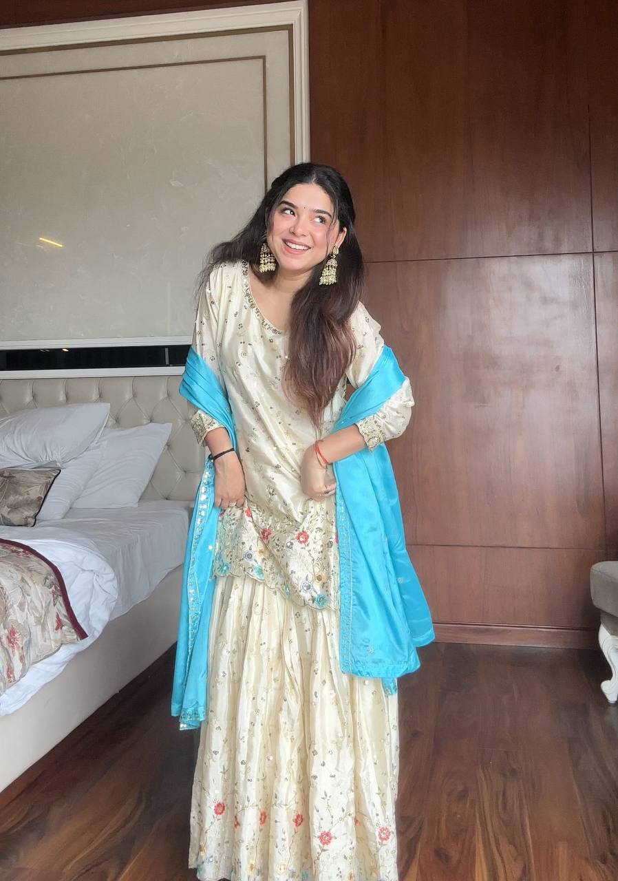 Elegant Cream Embroidered Sharara Set with Sky Blue Dupatta