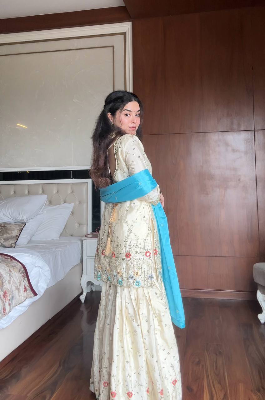 Elegant Cream Embroidered Sharara Set with Sky Blue Dupatta