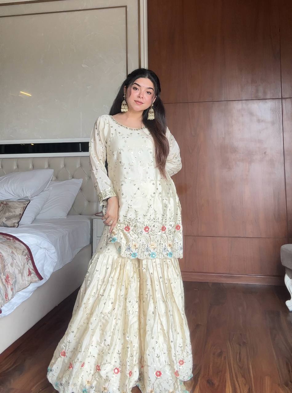 Elegant Cream Embroidered Sharara Set with Sky Blue Dupatta